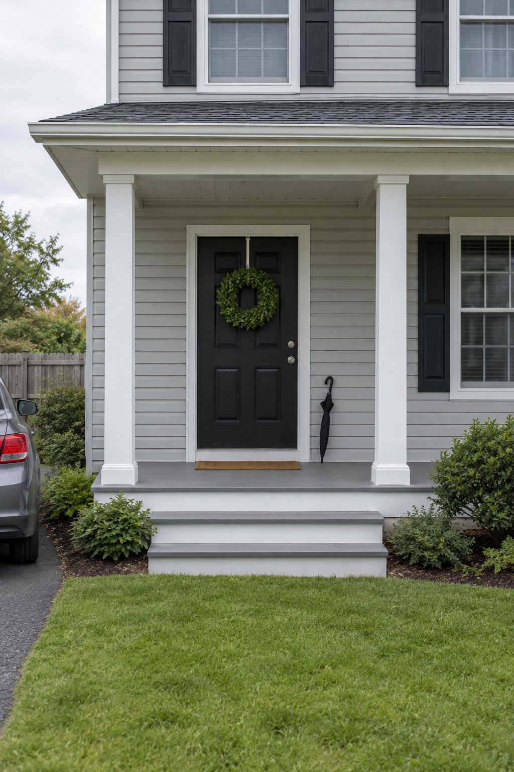 Front porch with a plain green wreath hung from a metal over-the-door hanger on a black front door of a gray vinyl-sided colonial with a wide covered porch