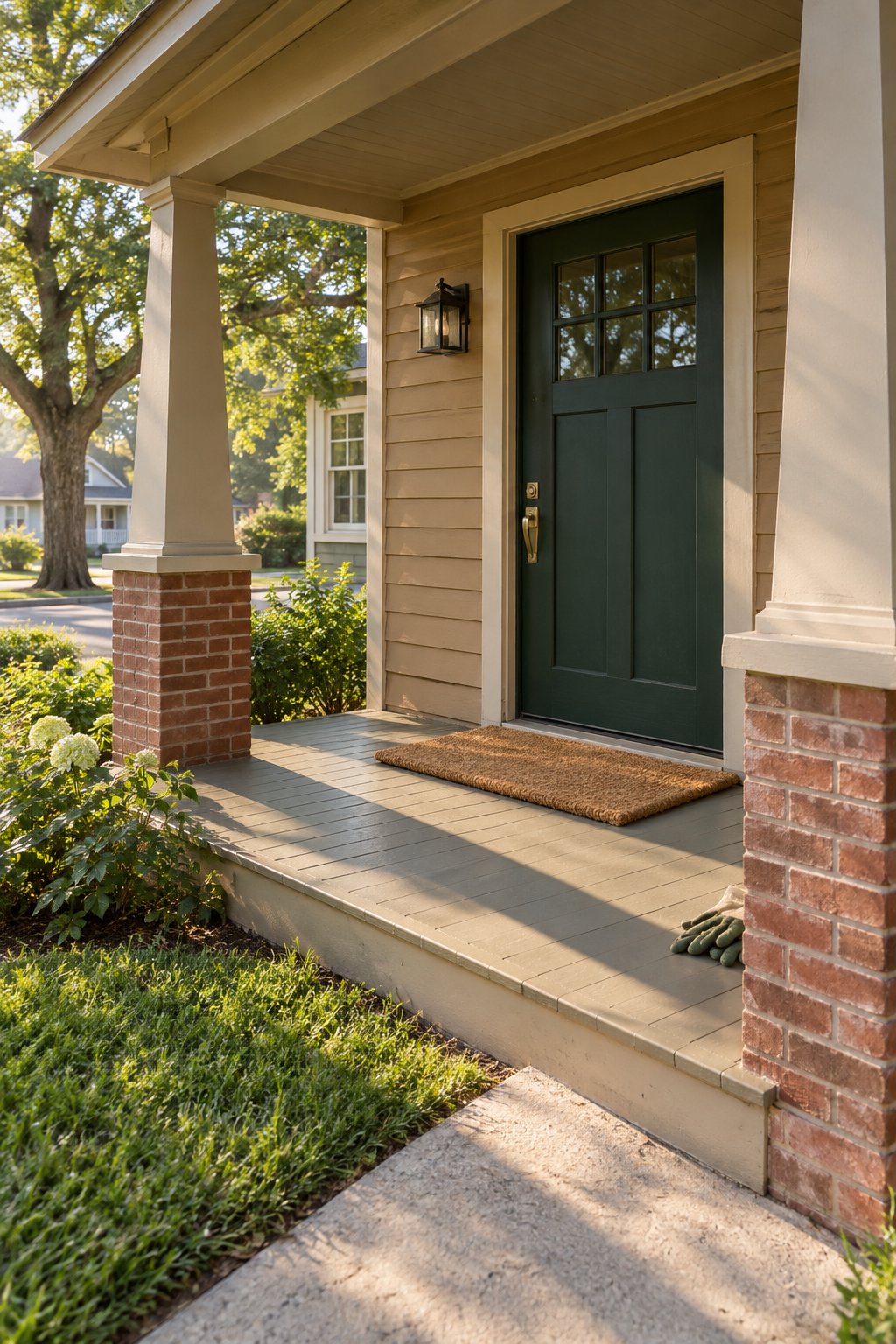 Front porch ideas, a plain natural coir doormat nearly as wide as a forest green front door on a bungalow porch with square posts