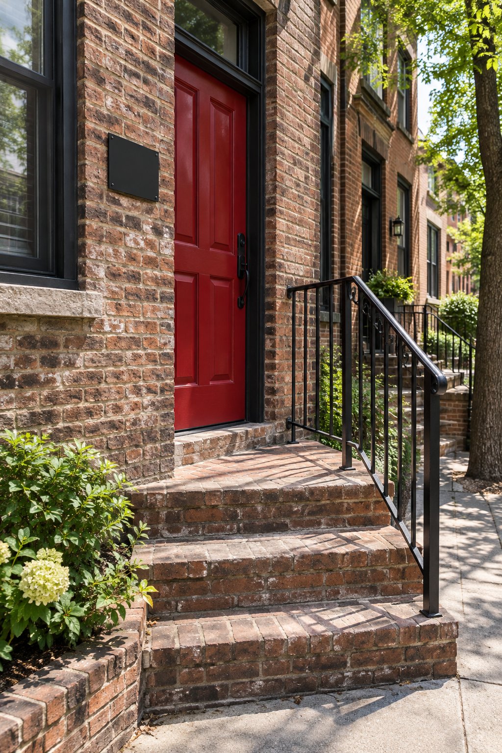 Front porch ideas, a plain matte black metal plate mounted beside a red front door on a brick townhouse stoop with an iron railing