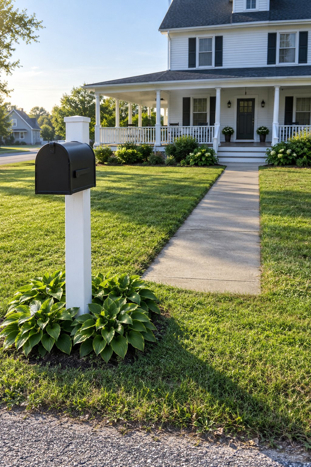 Front porch ideas, a plain matte black curbside mailbox on a painted wood post at the end of the front walk with a white farmhouse and wrap-around porch behind it