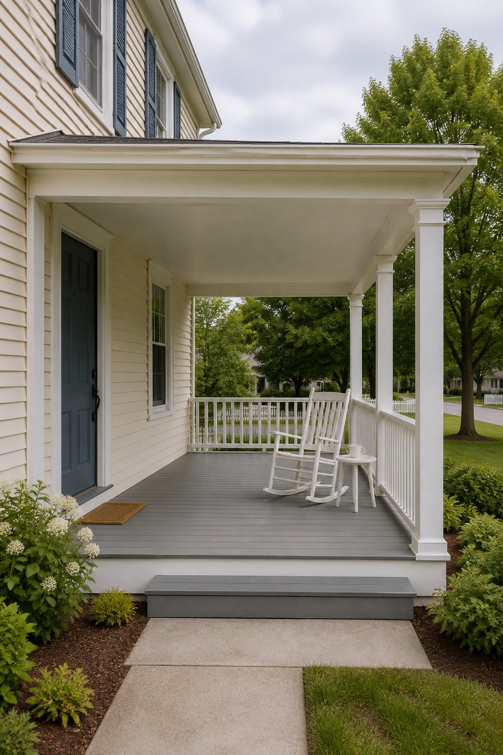 Front porch with one white wooden rocking chair and a small side table with a mug at the end of a wide covered porch on a cream vinyl-sided colonial