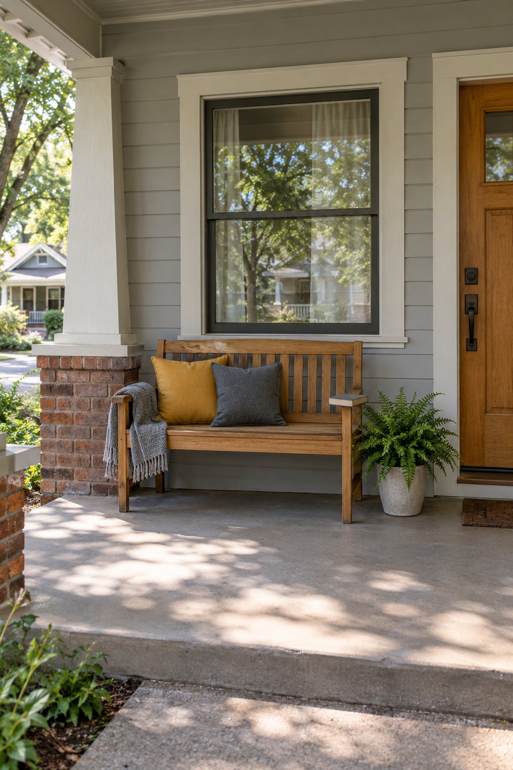 Front porch ideas, a slatted wooden bench with a gray knit throw and two outdoor pillows against the wall under the front window of a bungalow porch
