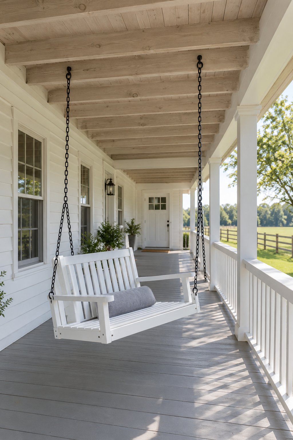 Front porch ideas, a white wooden porch swing hung by chains from ceiling hooks at the beam of a wrap-around farmhouse porch with one gray cushion