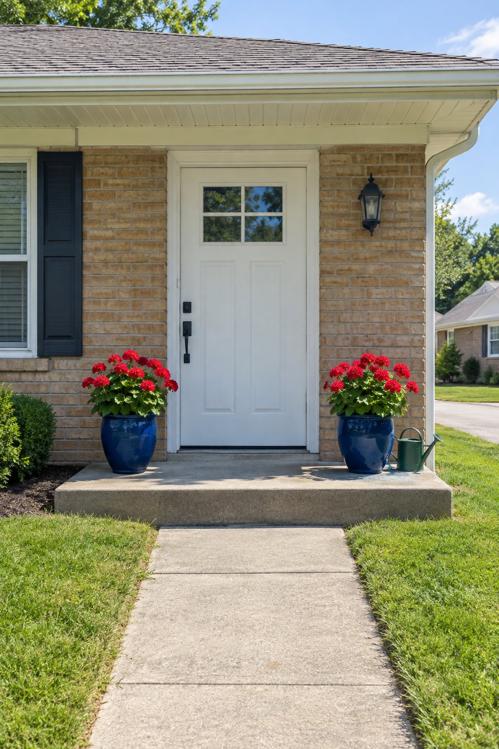 Front porch ideas, two matching glazed pots of red geraniums either side of a white front door on a tan brick ranch stoop with a green watering can