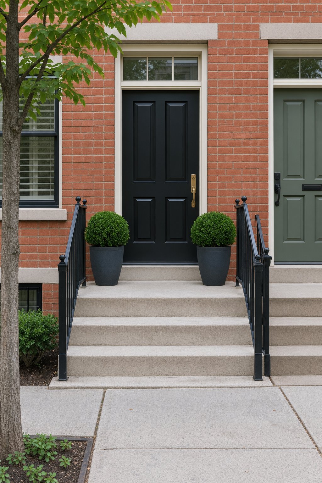 Front porch ideas, two matching dark gray planters of clipped round dwarf boxwood either side of a black front door on a brick townhouse stoop