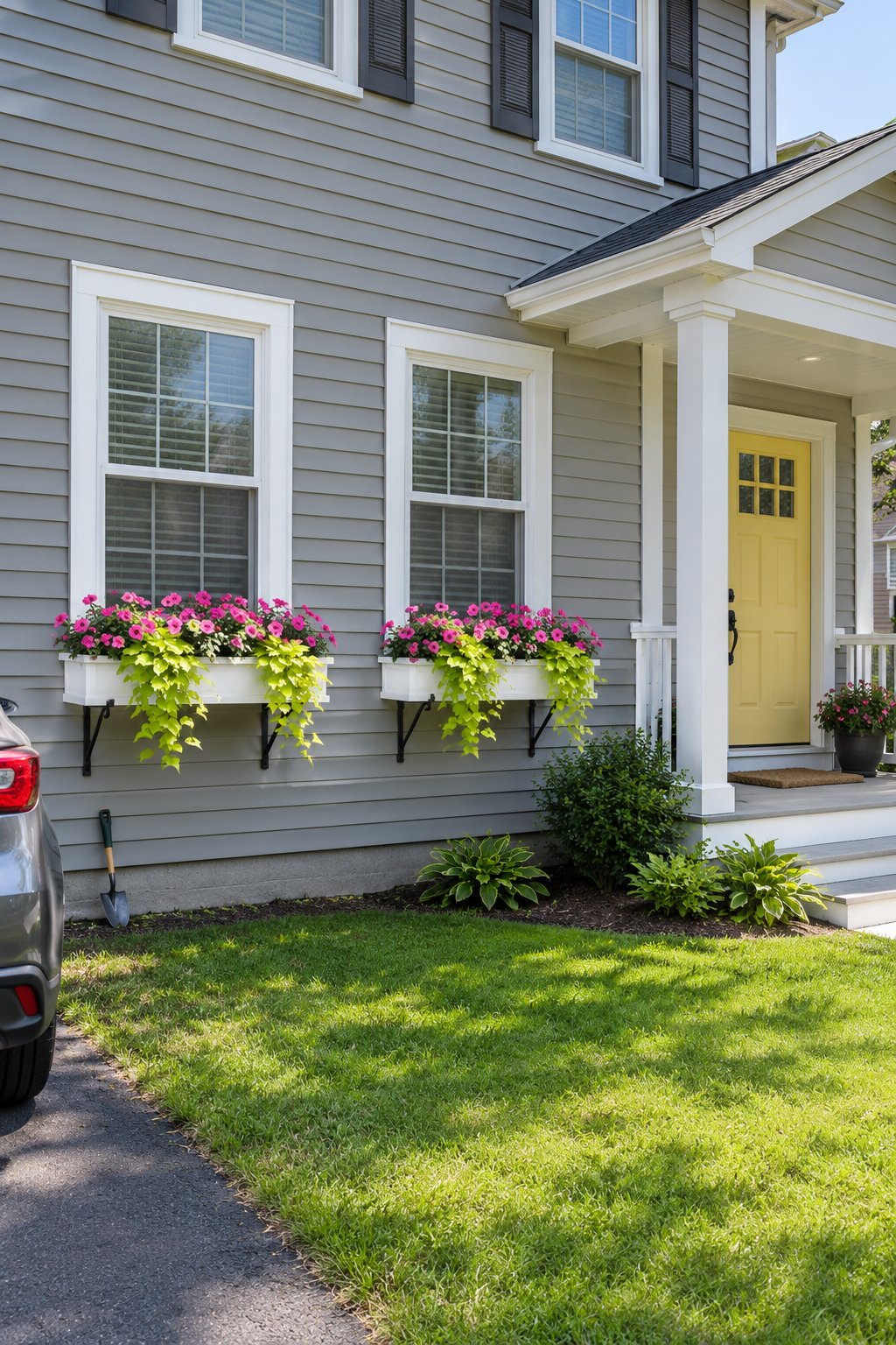 Front porch ideas, two window boxes of pink petunias and trailing sweet potato vine under the front windows beside the porch of a gray vinyl-sided house
