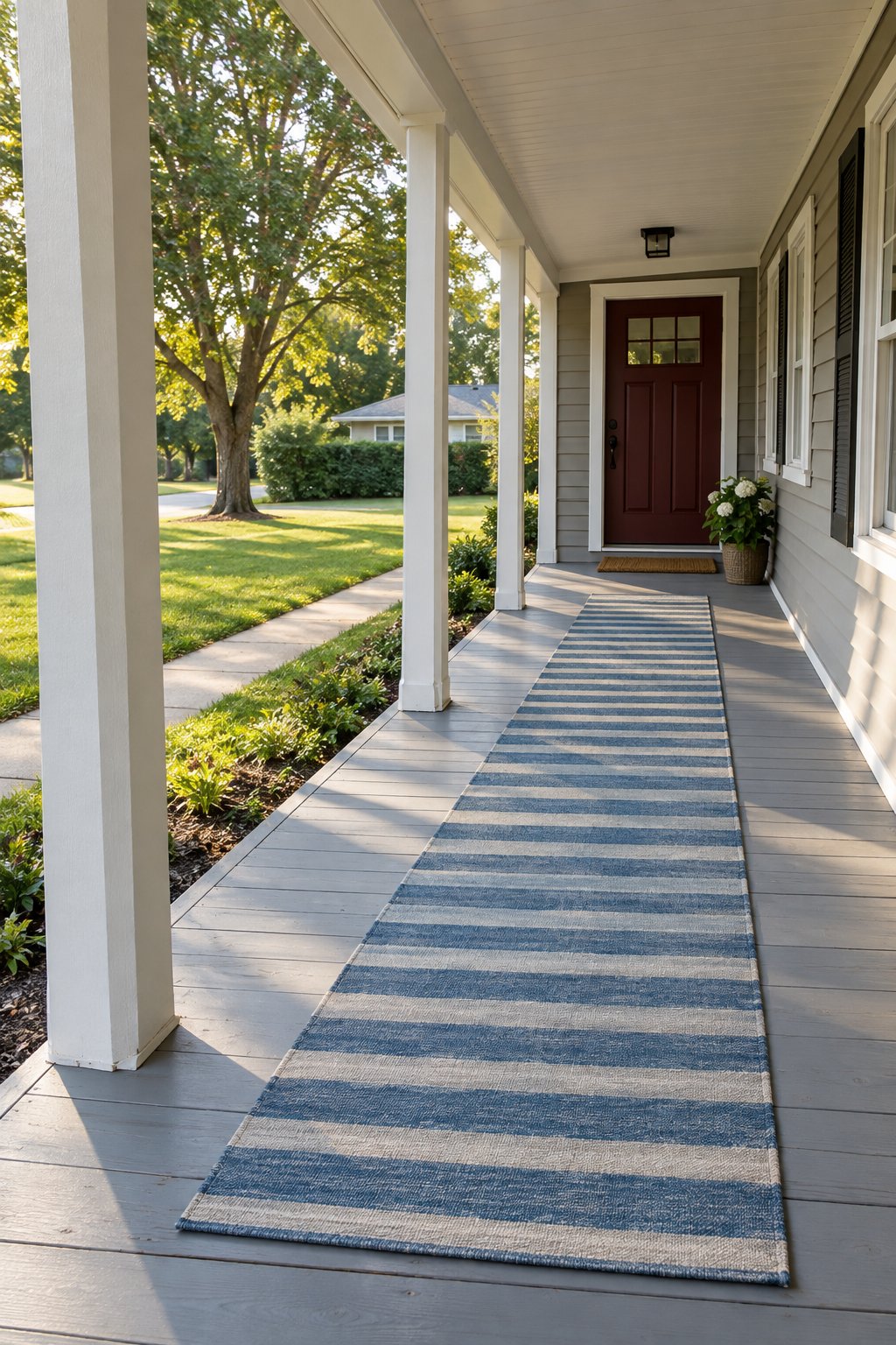 Front porch ideas, a blue and cream striped flat-woven outdoor runner laid down the length of a long covered porch on a one-story ranch house