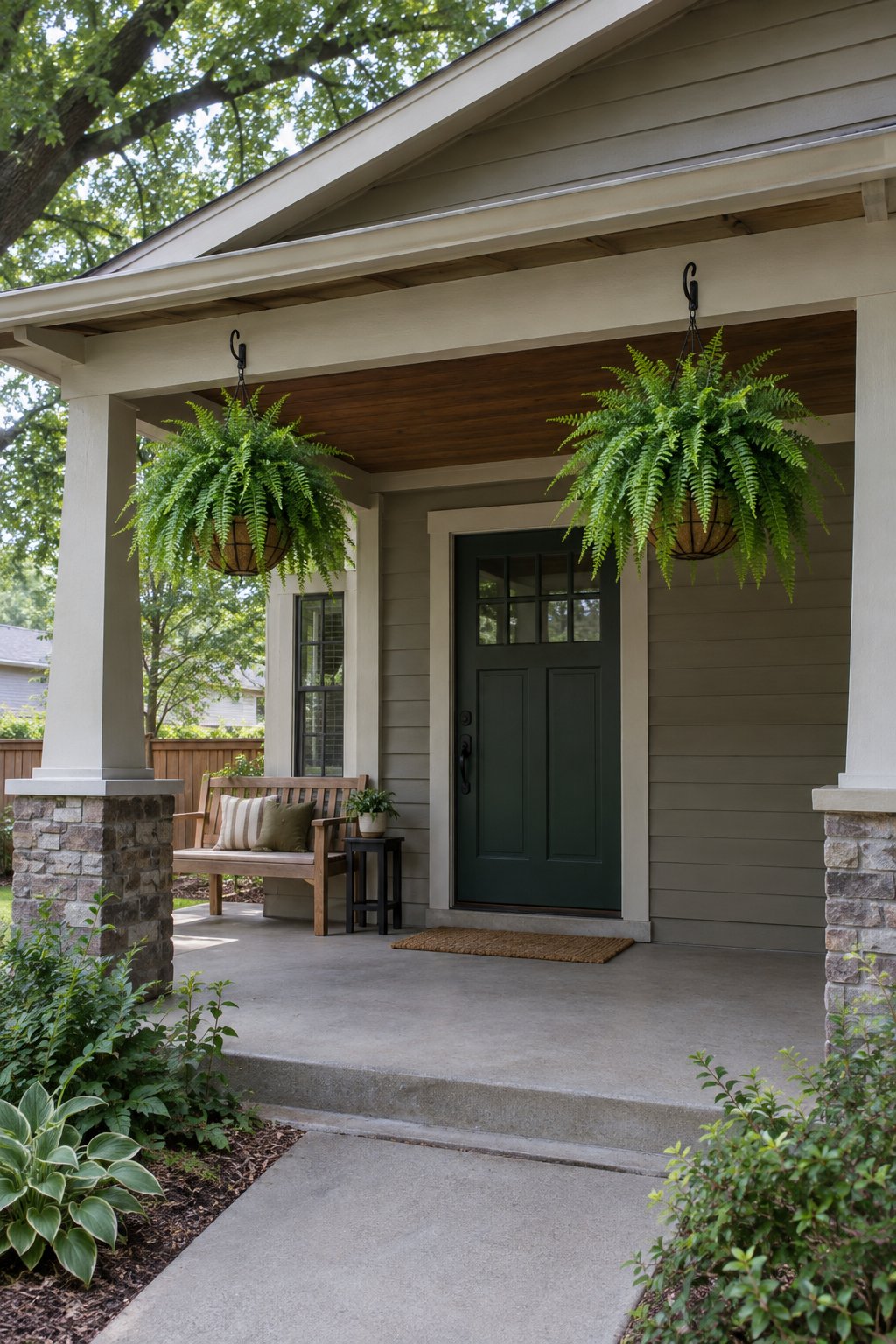 Front porch ideas, two Boston ferns in hanging baskets hung from ceiling hooks on a shady north-facing covered bungalow porch with a green front door