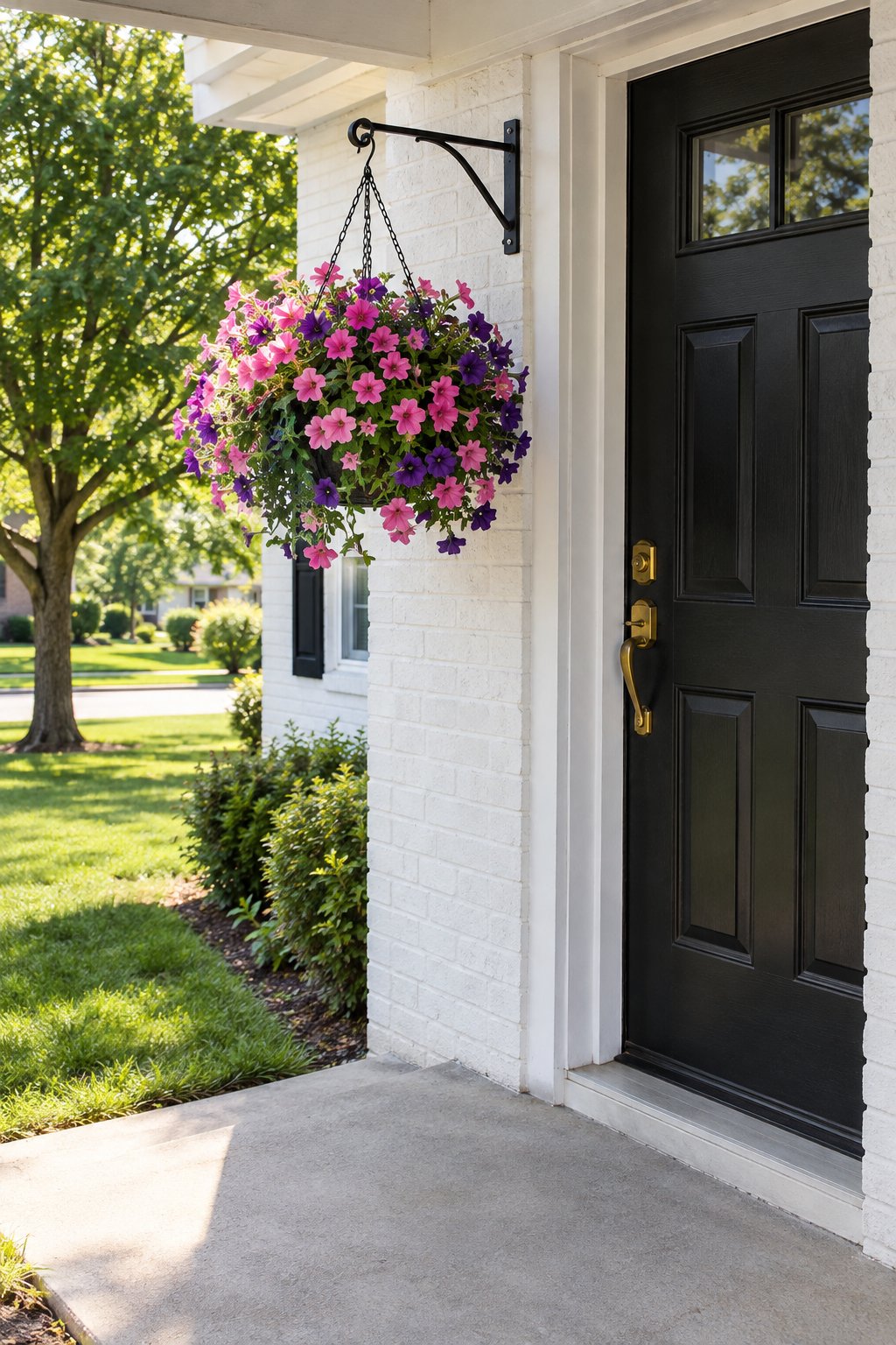 Front porch ideas, a large hanging basket of pink and purple petunias on a black iron wall bracket beside the front door of a white-painted brick ranch