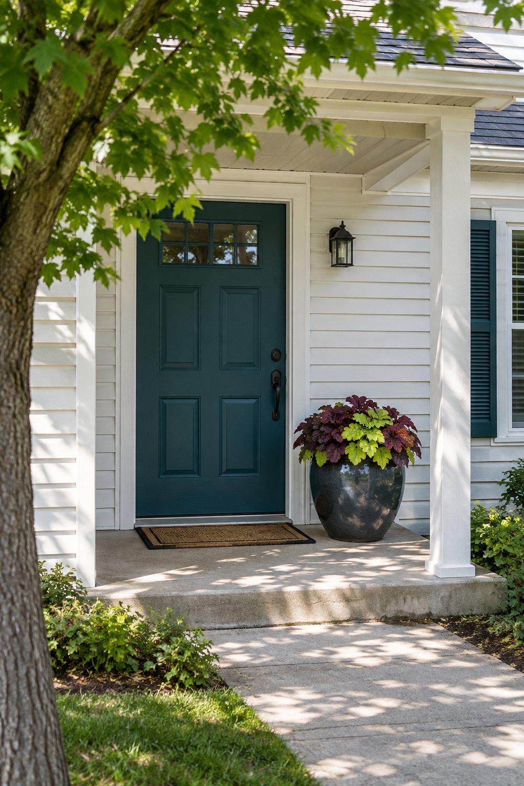 Front porch ideas, one large charcoal pot of burgundy and lime coral bells beside a deep teal front door on a small porch shaded by a maple