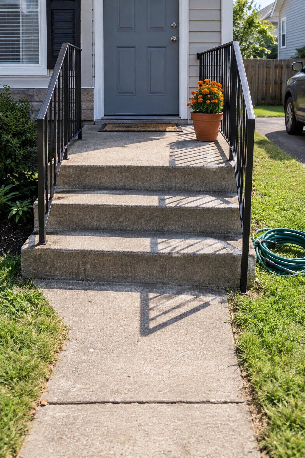 Front porch ideas, one terracotta pot of orange marigolds at the edge of the landing against the iron railing at the top of three concrete steps