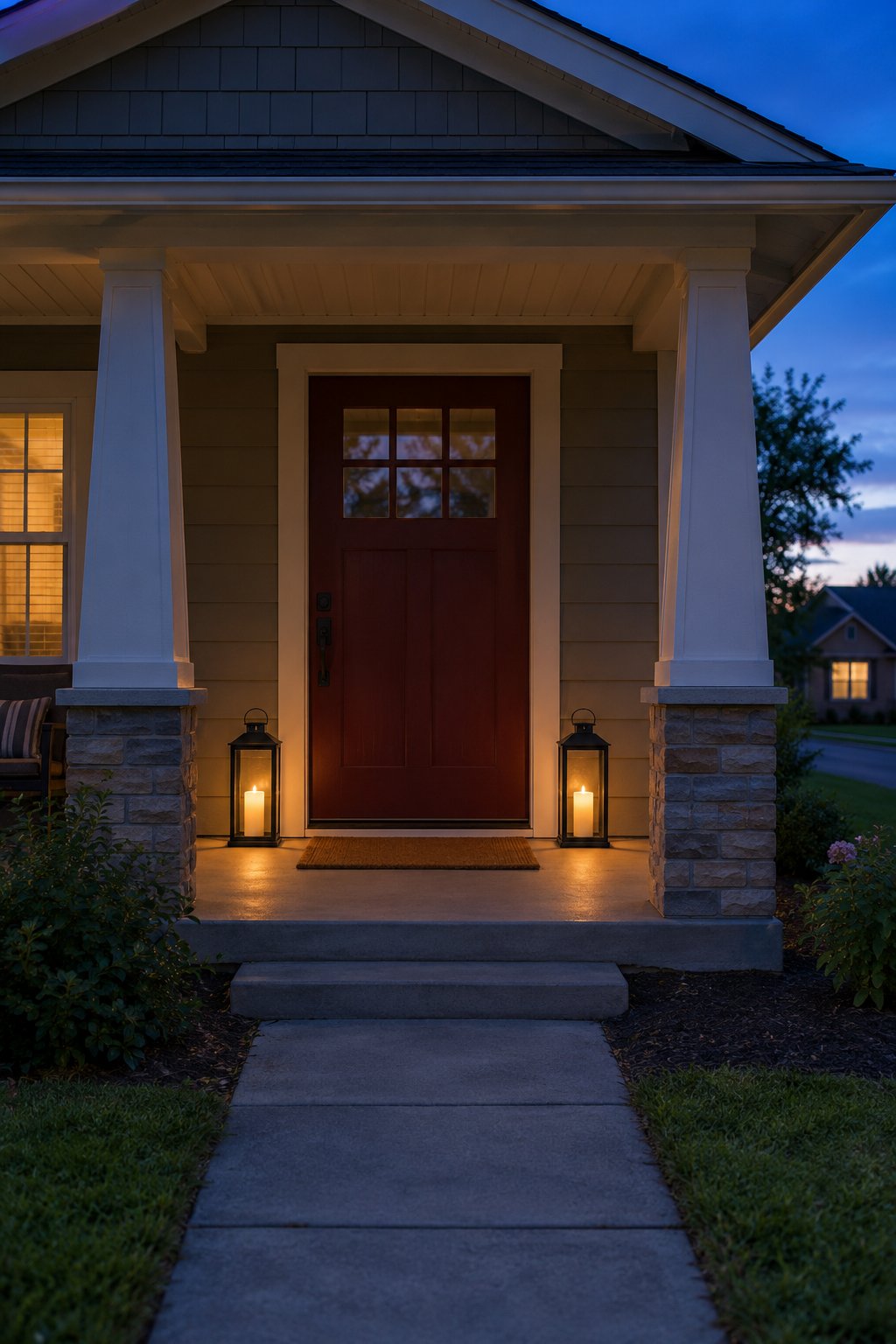 Front porch ideas, two metal lanterns with flameless candles glowing on either side of a dark red front door on a bungalow porch at early evening