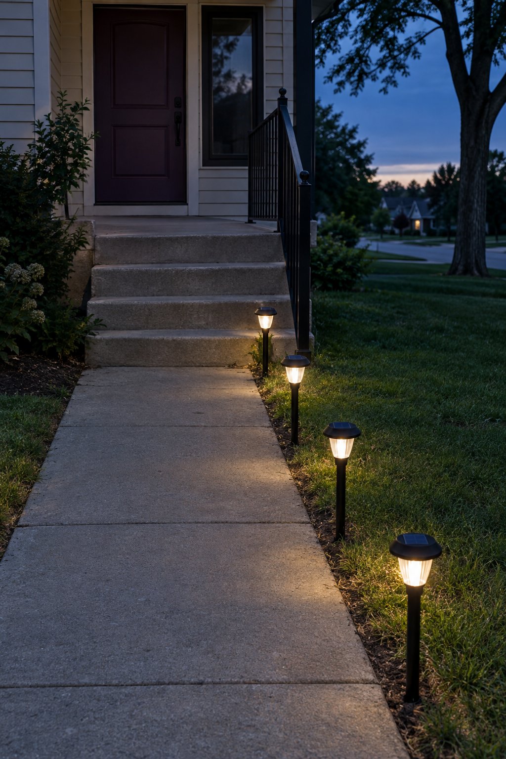 Front porch ideas, four solar path lights glowing along the edge of a front walk beside three concrete steps with an iron railing at early evening