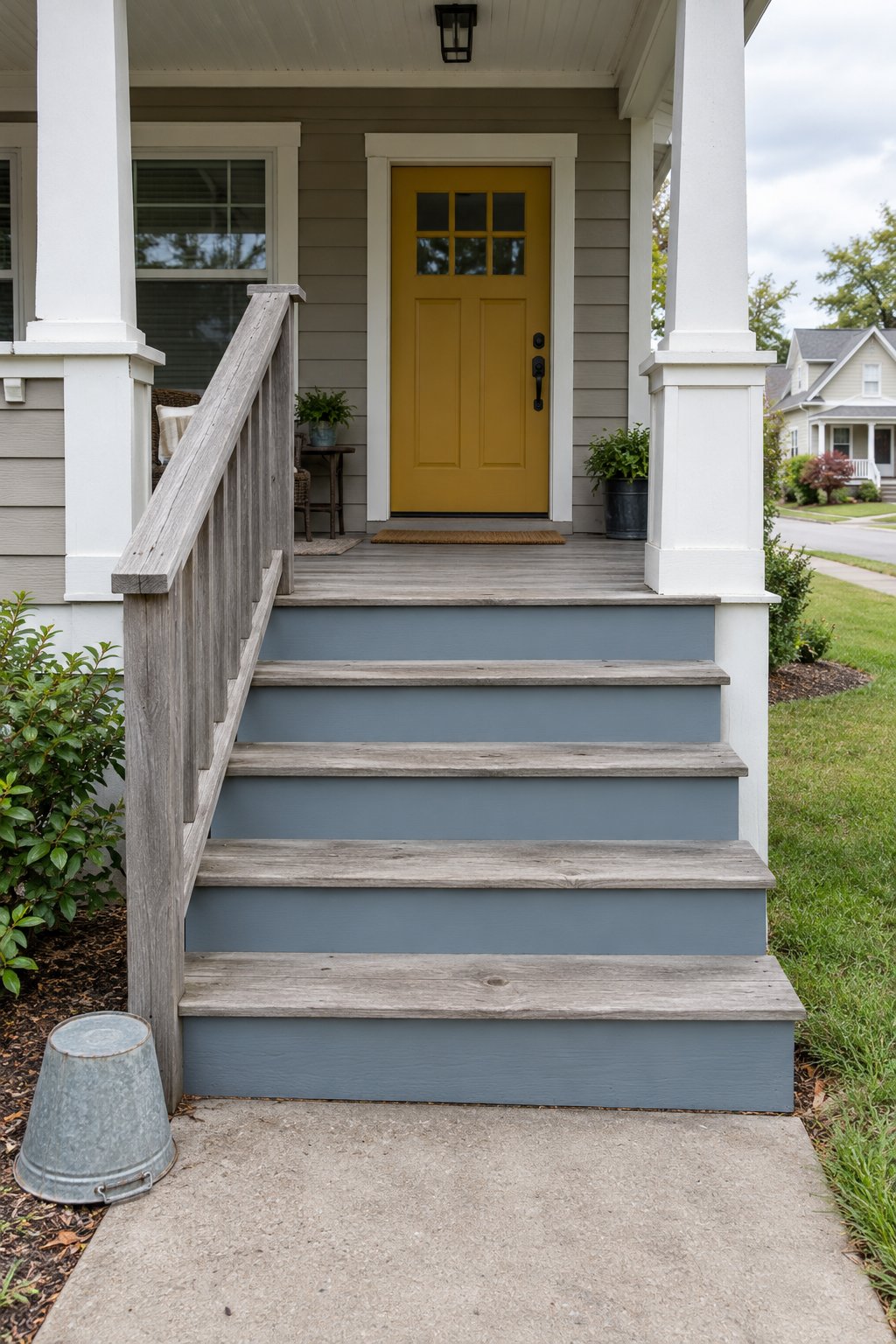 Front porch steps with the risers painted soft blue-gray and the weathered wooden treads left as they are on a bungalow, with a short wooden handrail