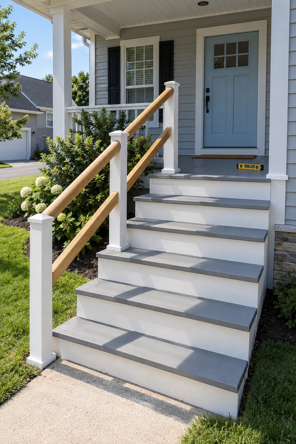 Front porch ideas, a new wooden handrail with a rounded graspable top rail along five wooden steps up to a vinyl-sided colonial porch