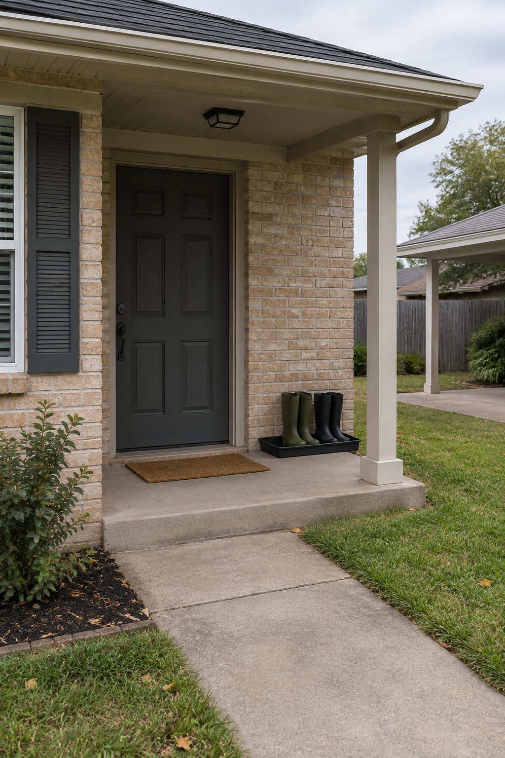 Front porch with a shallow black rubber boot tray holding two pairs of rain boots beside the front door under the stoop roof of a brick ranch