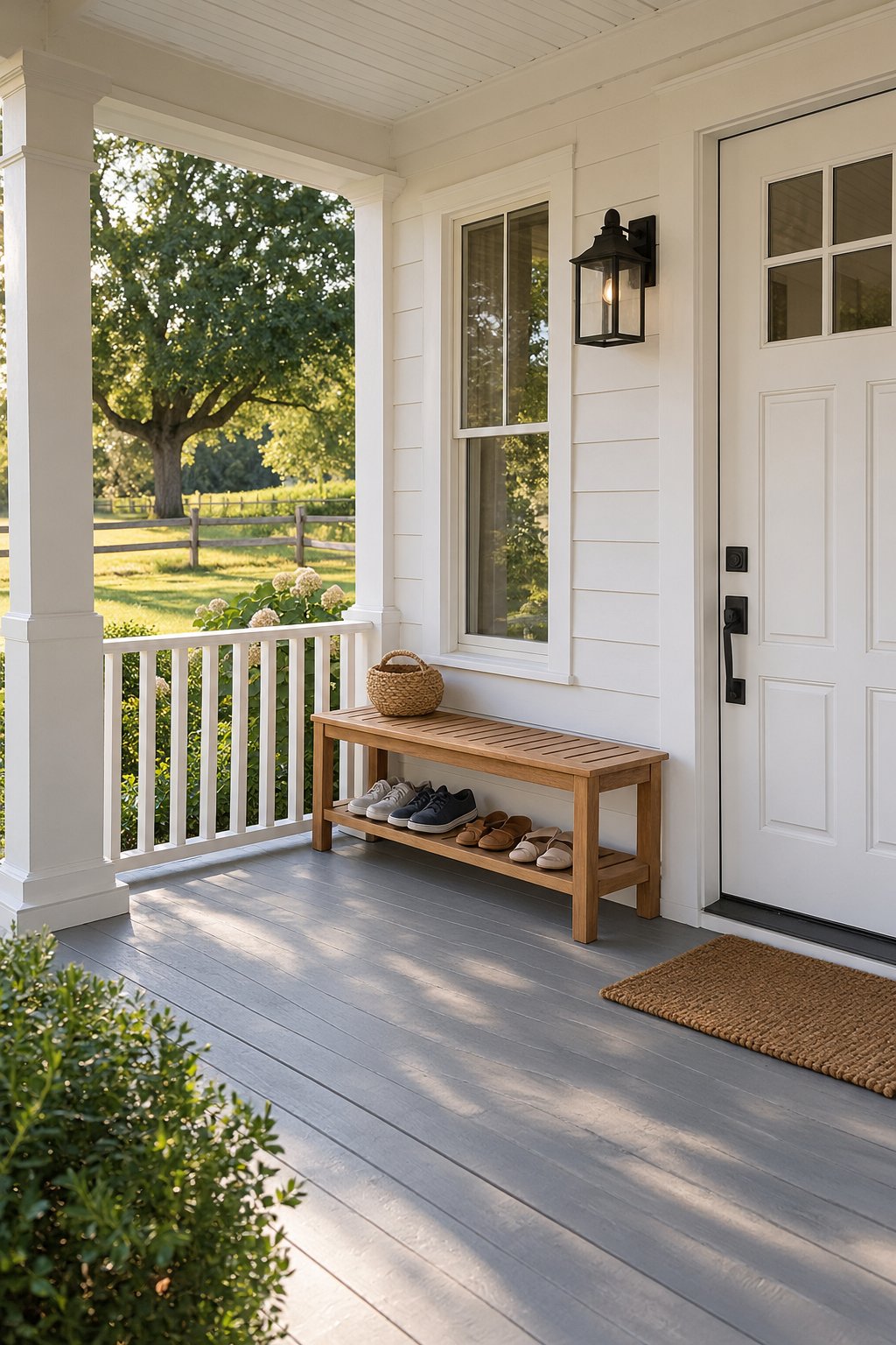 Front porch ideas, a slatted wooden shoe bench with an open shelf holding four pairs of shoes beside a white front door on a farmhouse wrap porch