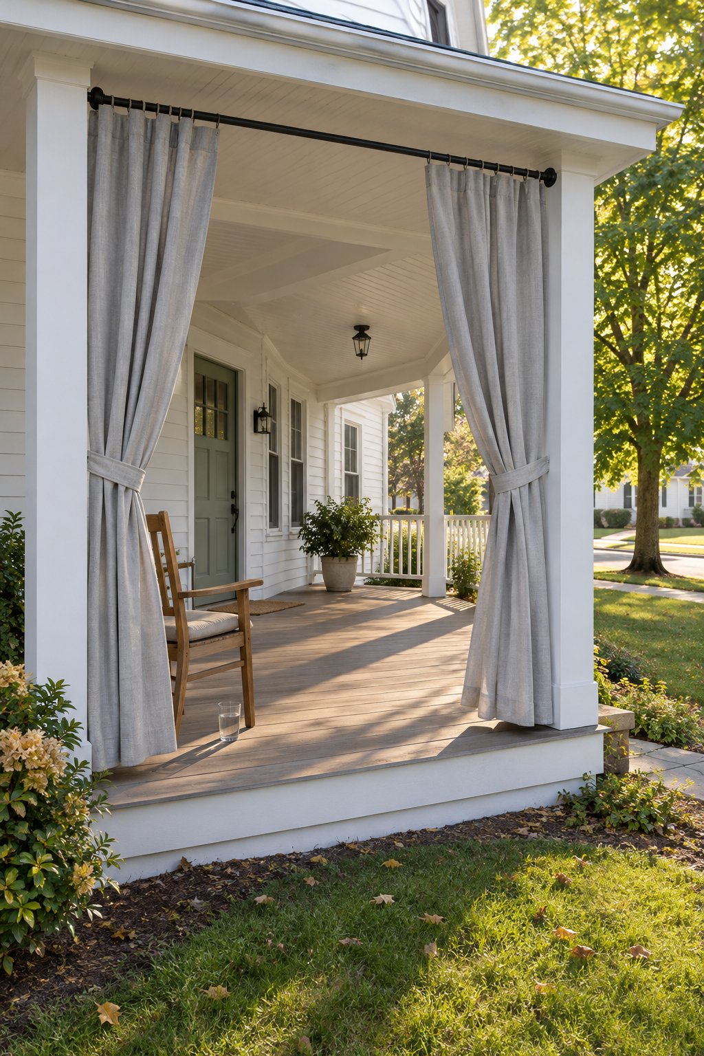 Front porch ideas, pale gray outdoor curtains tied back on a rod between two posts at the sunny end of a covered farmhouse porch with one chair