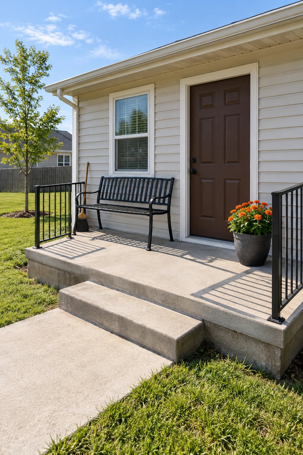Front porch ideas, a black powder-coated metal bench and a resin planter of orange zinnias on an open concrete slab porch with an iron railing and no roof