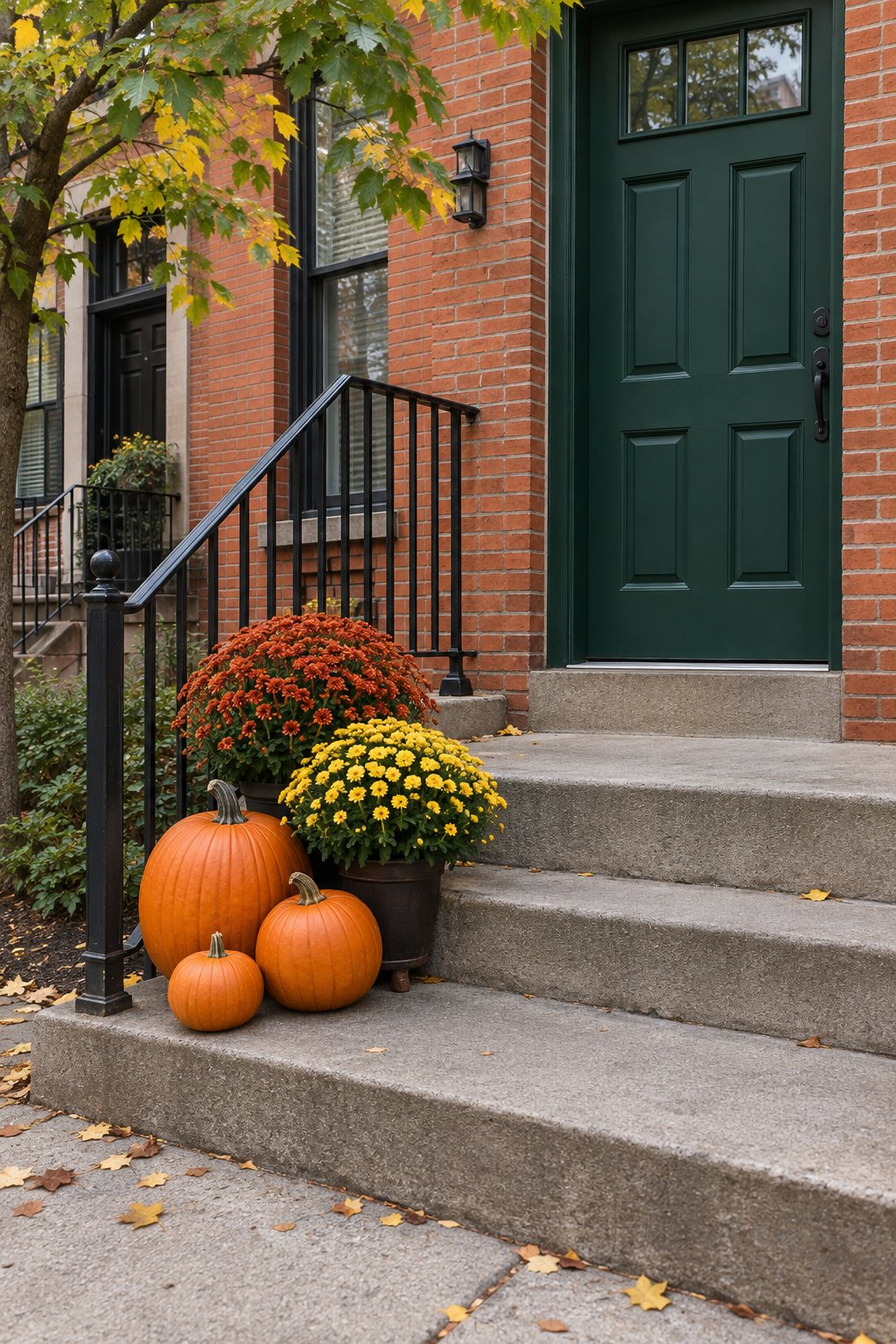 Front porch ideas for early autumn, three pumpkins and two pots of rust and yellow mums on one side of the steps of a brick townhouse stoop