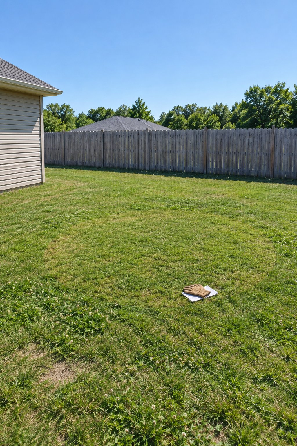 Gravel fire pit area before the build, a small patchy backyard lawn with open sky above the chosen spot, a cedar fence behind and the corner of a ranch house