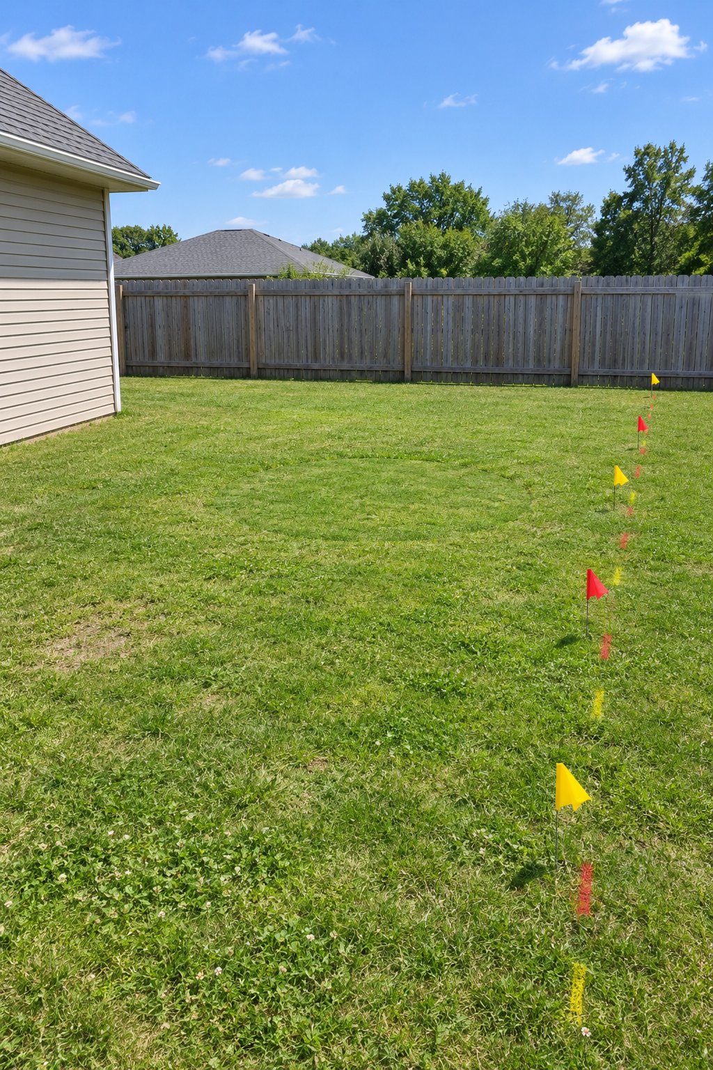 Backyard lawn with small utility marker flags and paint dashes after an 811 call, before digging an outdoor fire pit area, cedar fence behind