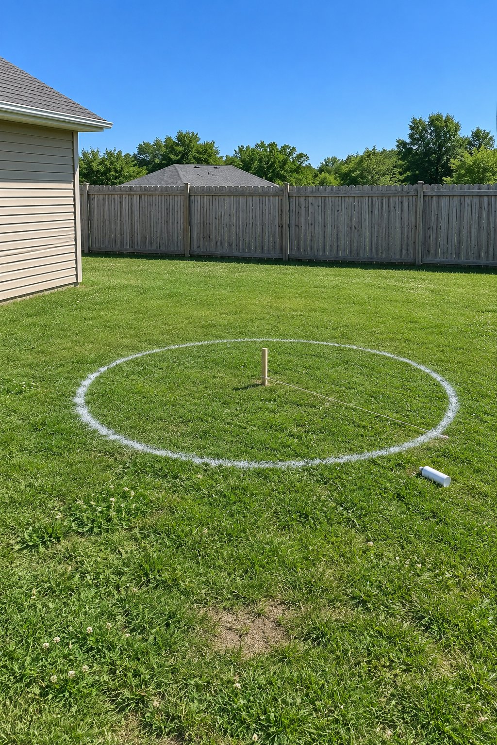 Marking a gravel fire pit area on a backyard lawn with a center stake, a taut string and a painted circle, cedar fence and ranch house corner behind