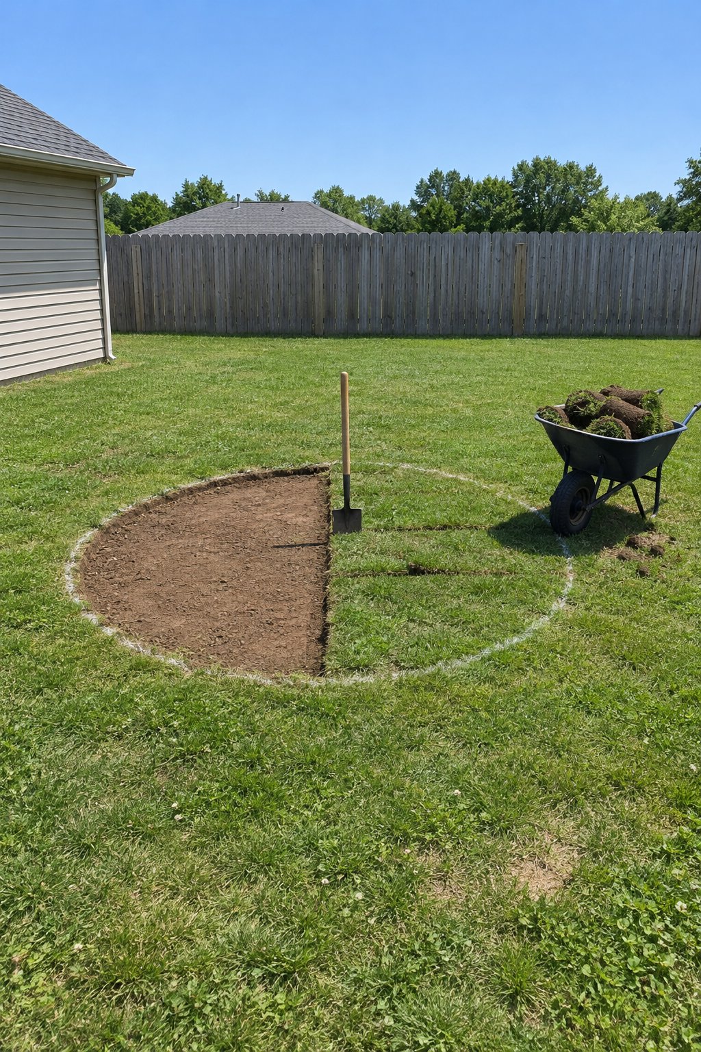 Lifting turf for a diy fire pit circle, half the marked circle cleared to bare soil with a flat spade and a wheelbarrow of turf strips in a small backyard