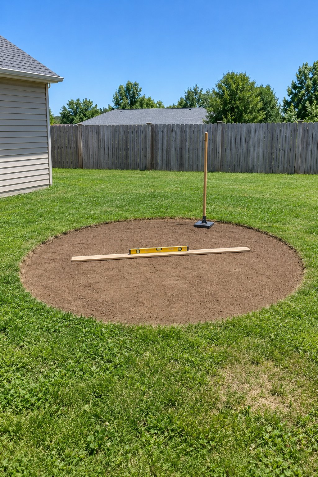 Leveled and tamped bare soil circle for a gravel fire pit area with a hand tamper, a board and a level, in a small backyard with a cedar fence