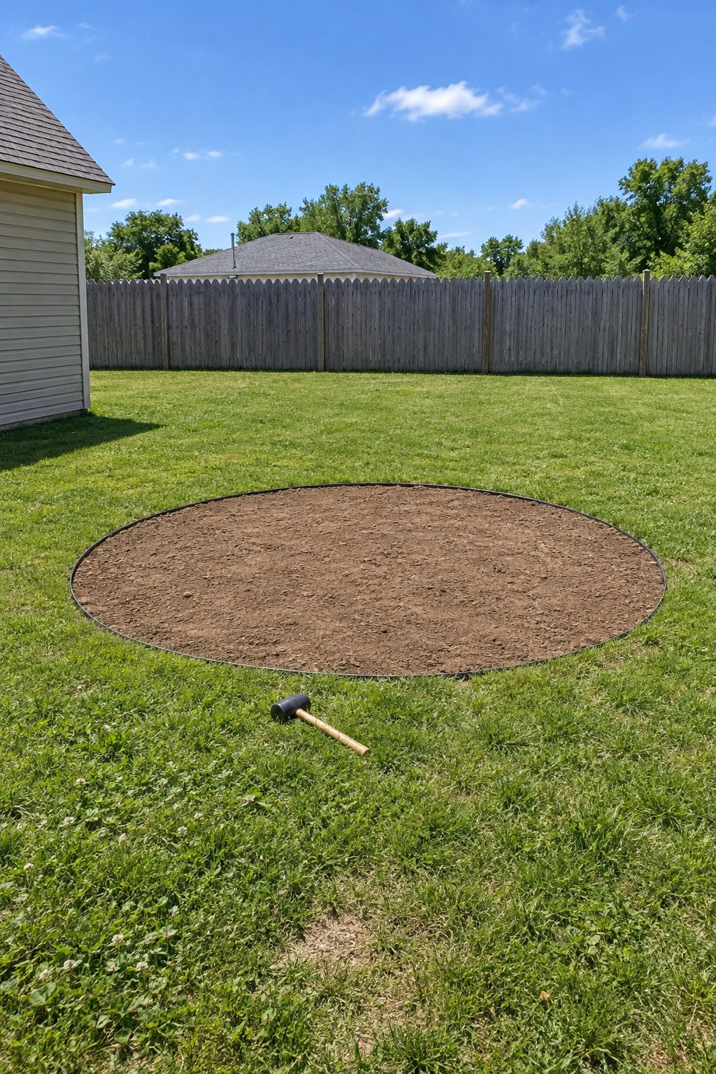 Fire pit landscaping in progress, a dark steel edging strip staked around a bare soil circle flush with the lawn, a rubber mallet on the grass