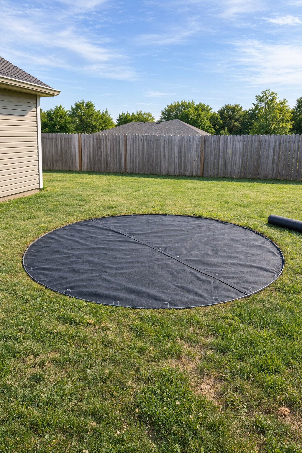 Landscape fabric pinned over a soil circle inside steel edging, the base layer of a gravel fire pit area in a small backyard
