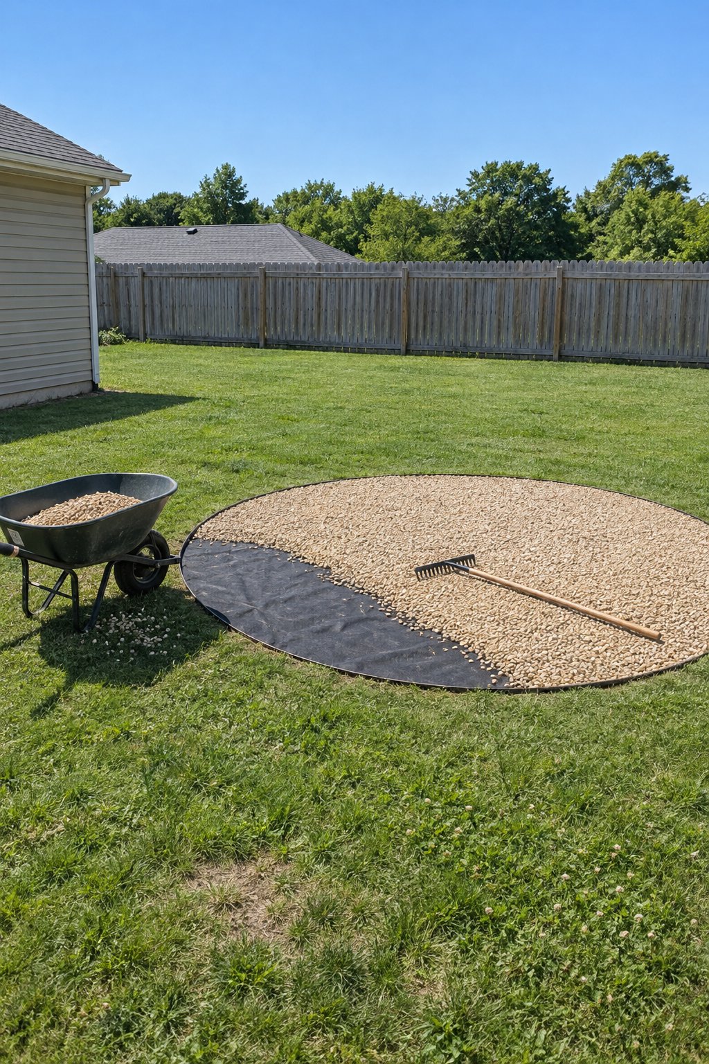 Pea gravel fire pit area being filled, buff gravel raked over landscape fabric inside steel edging with a wheelbarrow and a rake in a small backyard