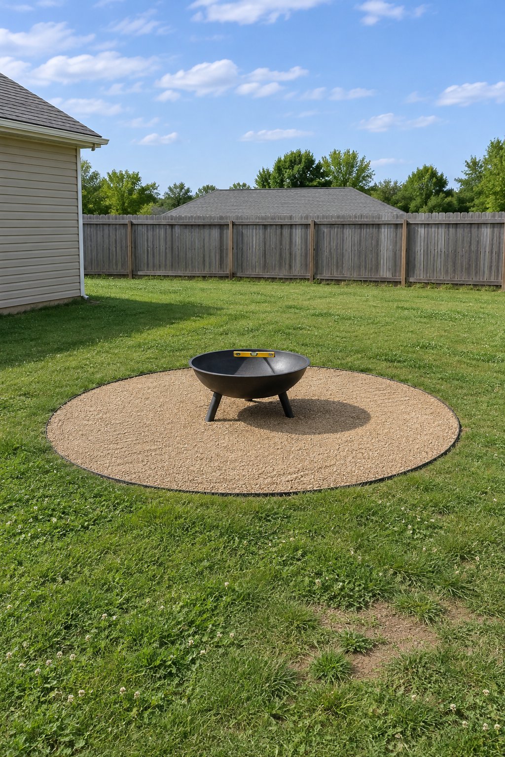 Finished gravel fire pit area with an empty unlit portable steel fire bowl standing level in the center of a round gravel circle with steel edging