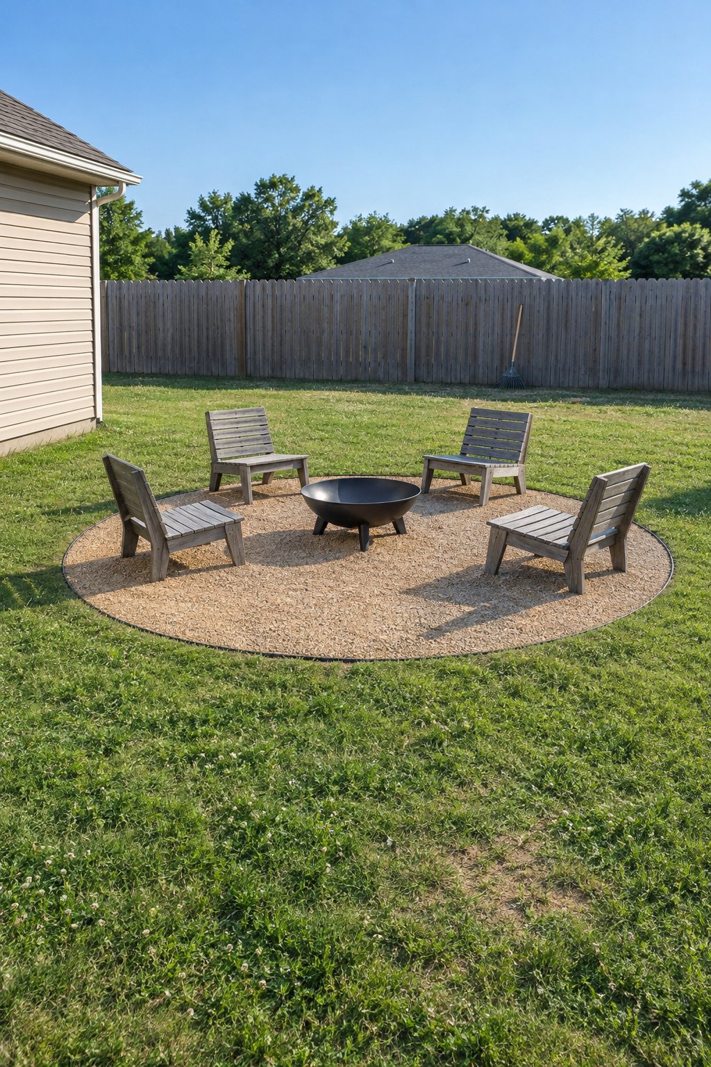 Fire pit seating on a gravel circle, four low wooden chairs around an unlit steel fire bowl with one open gap facing the house in a small backyard