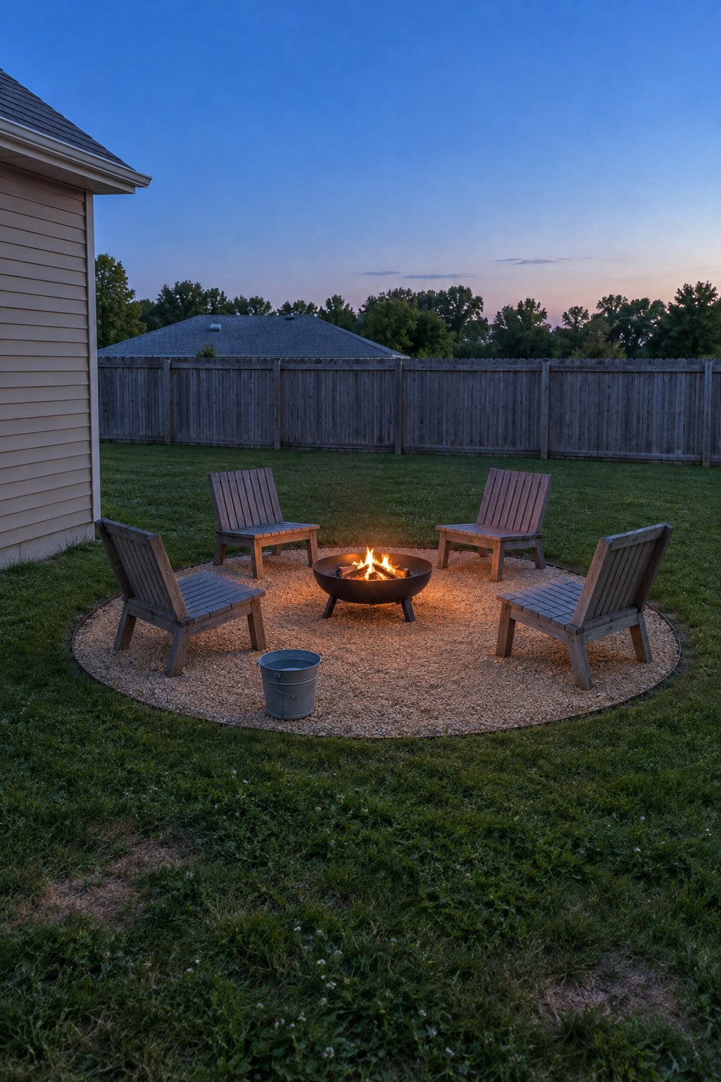 Gravel fire pit area in early evening with a small fire in a steel bowl, four wooden chairs on a gravel circle and a bucket of water beside it in a backyard