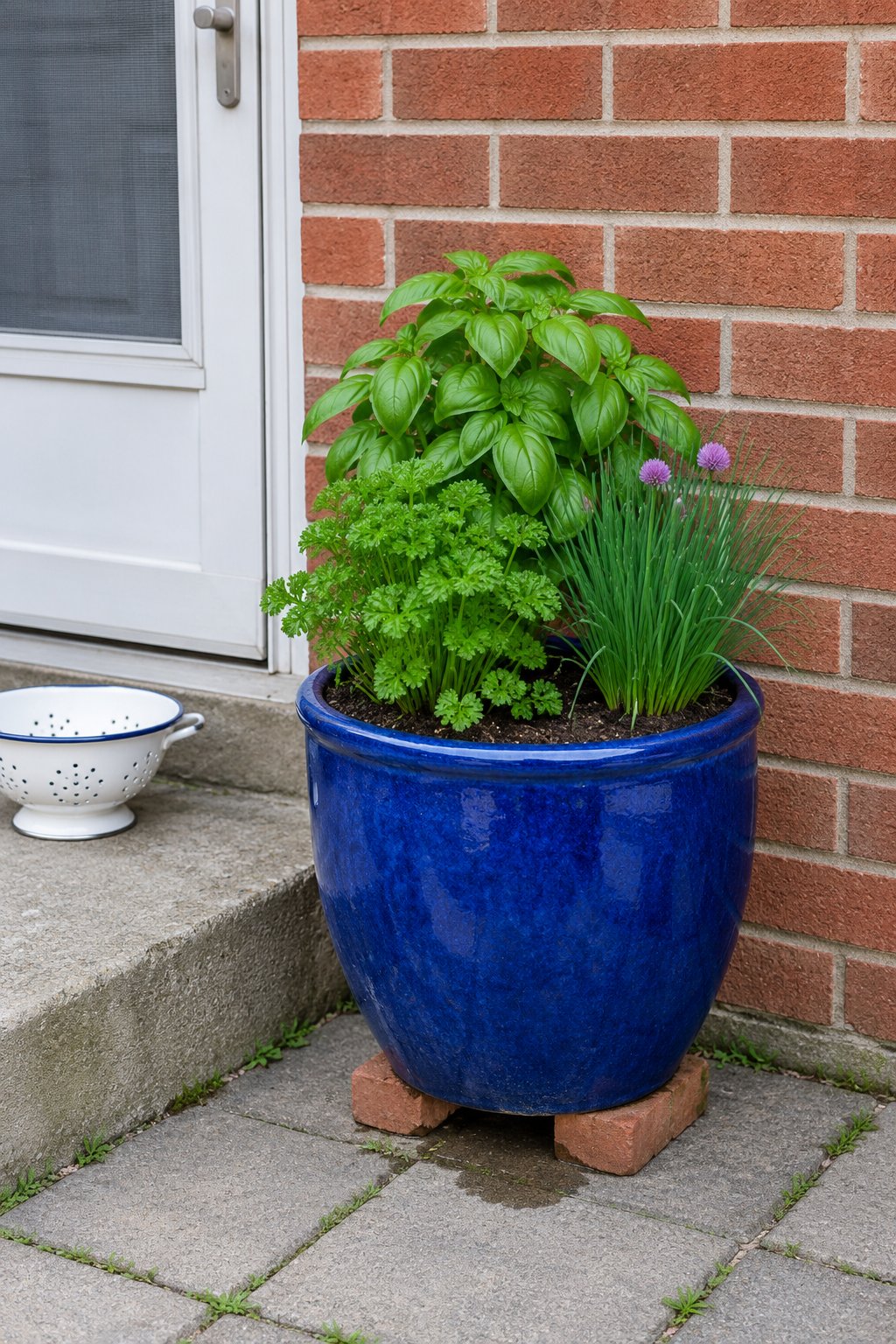 Herb garden ideas by the kitchen door, a large blue glazed pot of basil, parsley and chives on the paving beside a brick house