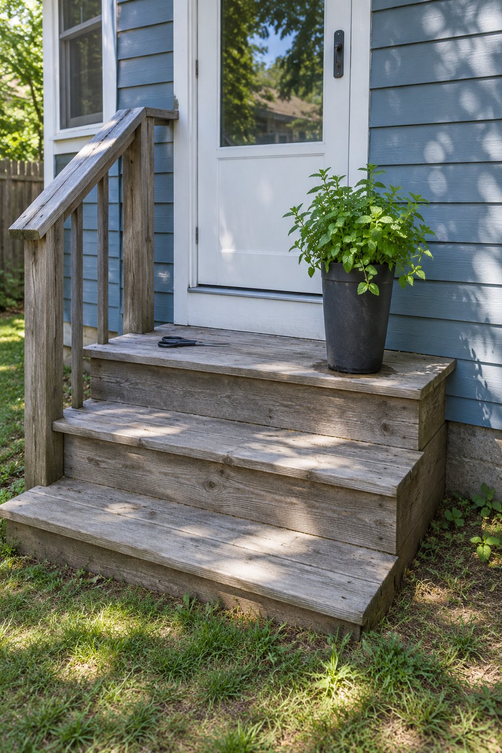 Herb garden outdoor idea for mint, one tall charcoal pot of mint standing alone on the wooden back step of a bungalow