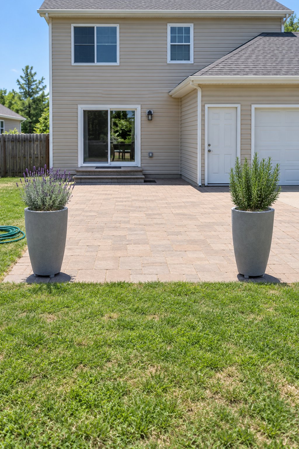 Potted herb garden ideas, two tall gray pots with lavender and rosemary at the edge of a paver patio beside a lawn