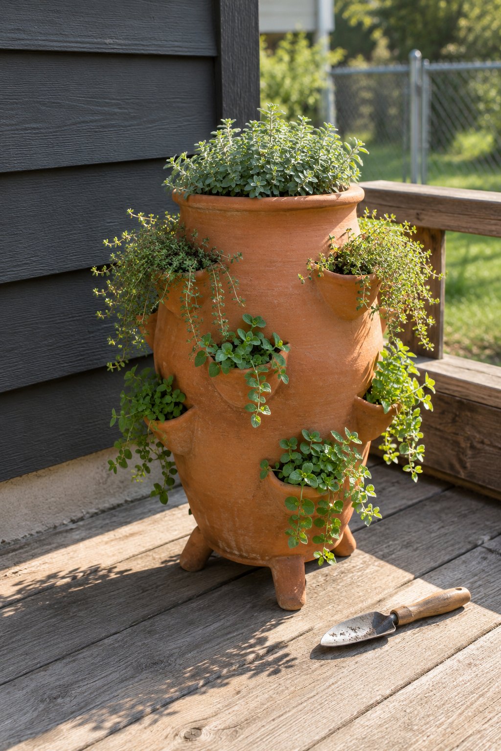 Small herb garden ideas for a deck, a terracotta strawberry jar with thyme and oregano in the side pockets and marjoram on top