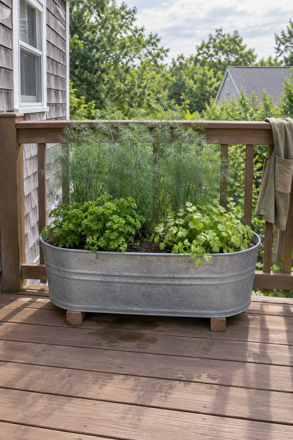 Herb garden ideas for a deck, an oval galvanized tub planted with tall dill, parsley and cilantro against a wooden deck railing