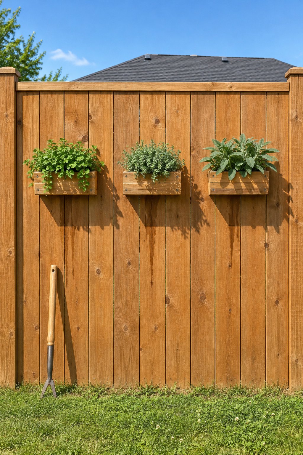 Vertical herb garden on a fence, three cedar boxes of oregano, marjoram and sage in a row on a sunny wooden backyard fence