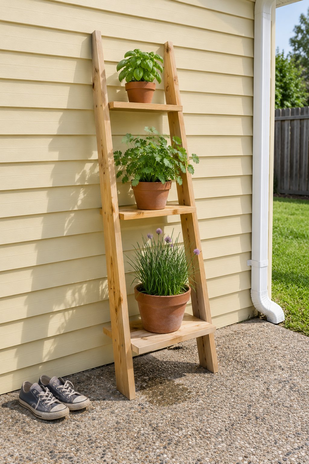 Vertical herb garden ideas for a small patio, a leaning ladder shelf with pots of basil, cilantro and chives against house siding