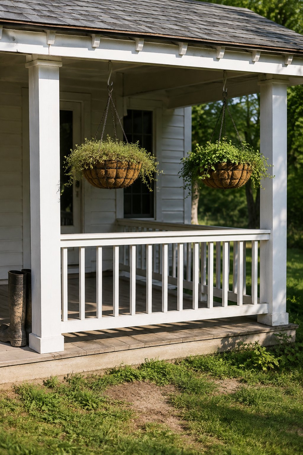 Herb garden ideas for a porch, two coir hanging baskets of trailing thyme and oregano on the outer beam of a covered back porch