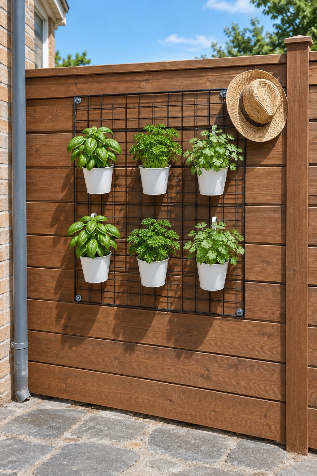 Potted herb garden ideas for a fence, a black wire grid with hook-on pots of basil, parsley and cilantro beside a townhouse patio