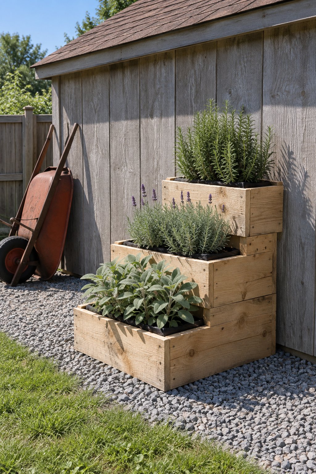 DIY herb garden outdoor idea, three stacked wooden crates planted with sage, lavender and rosemary against a garden shed wall