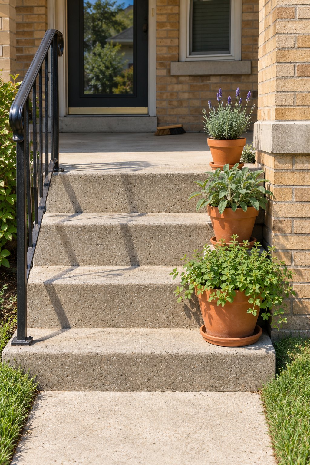 Herb garden ideas for porch steps, terracotta pots of lavender, sage and oregano up one side of the concrete steps of a bungalow