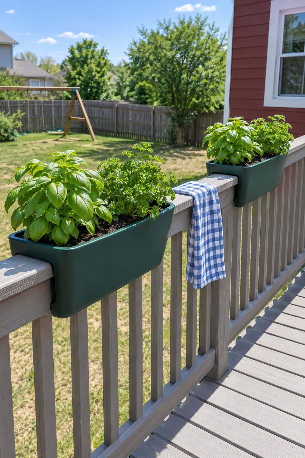Herb garden ideas for a deck rail, two saddle planters of basil and parsley on the top rail of a raised wooden deck