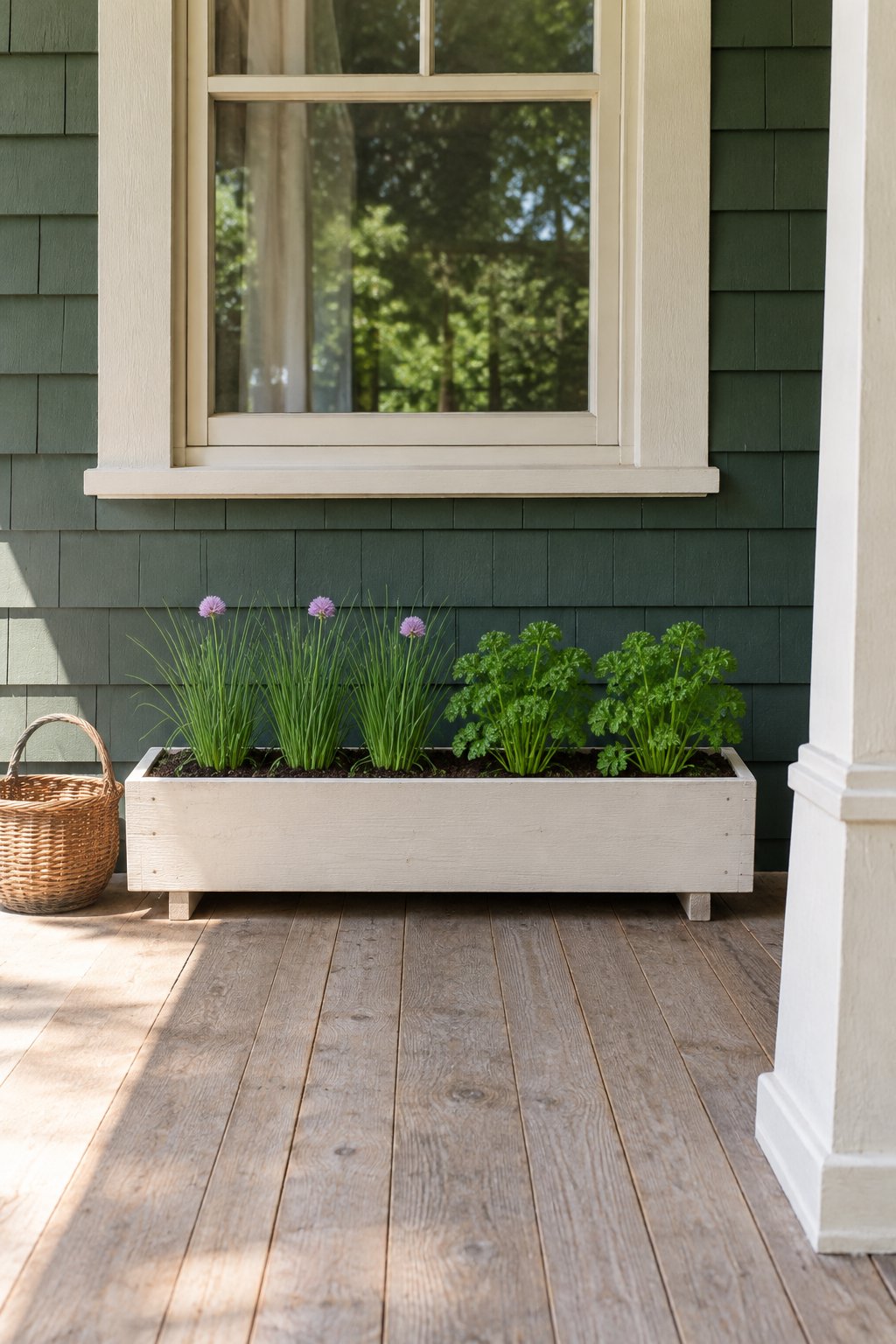 Herb garden ideas for a part shade porch, a long white planter box of chives and parsley on the floor of a covered front porch