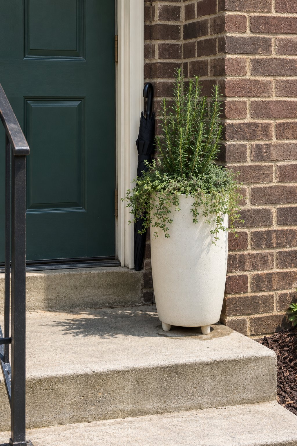 Small herb garden ideas for a stoop, one tall white pot with upright rosemary and thyme spilling over the rim beside a townhouse door
