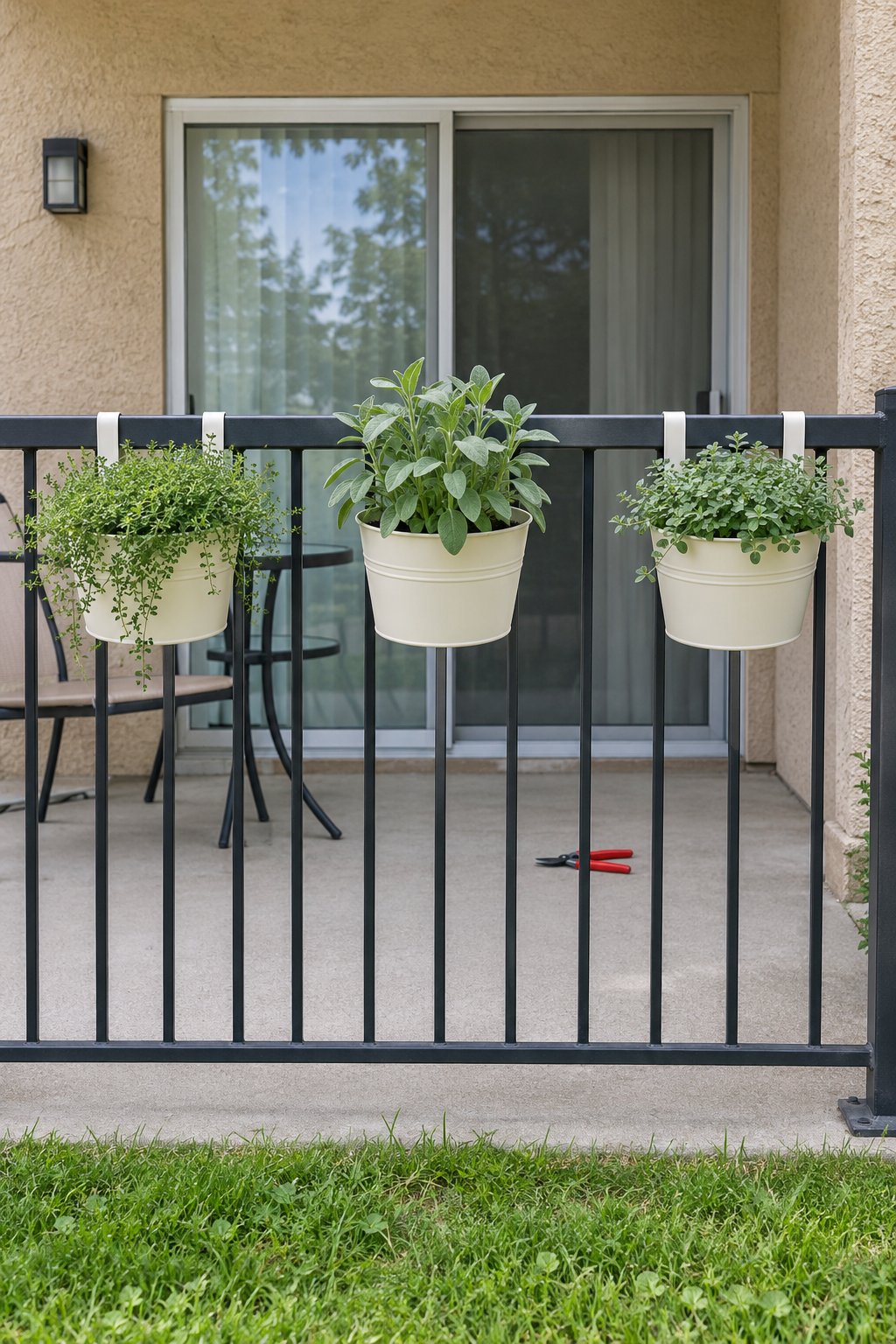 Potted herb garden ideas for renters, three hook-on railing pots of thyme, sage and marjoram on an apartment patio railing